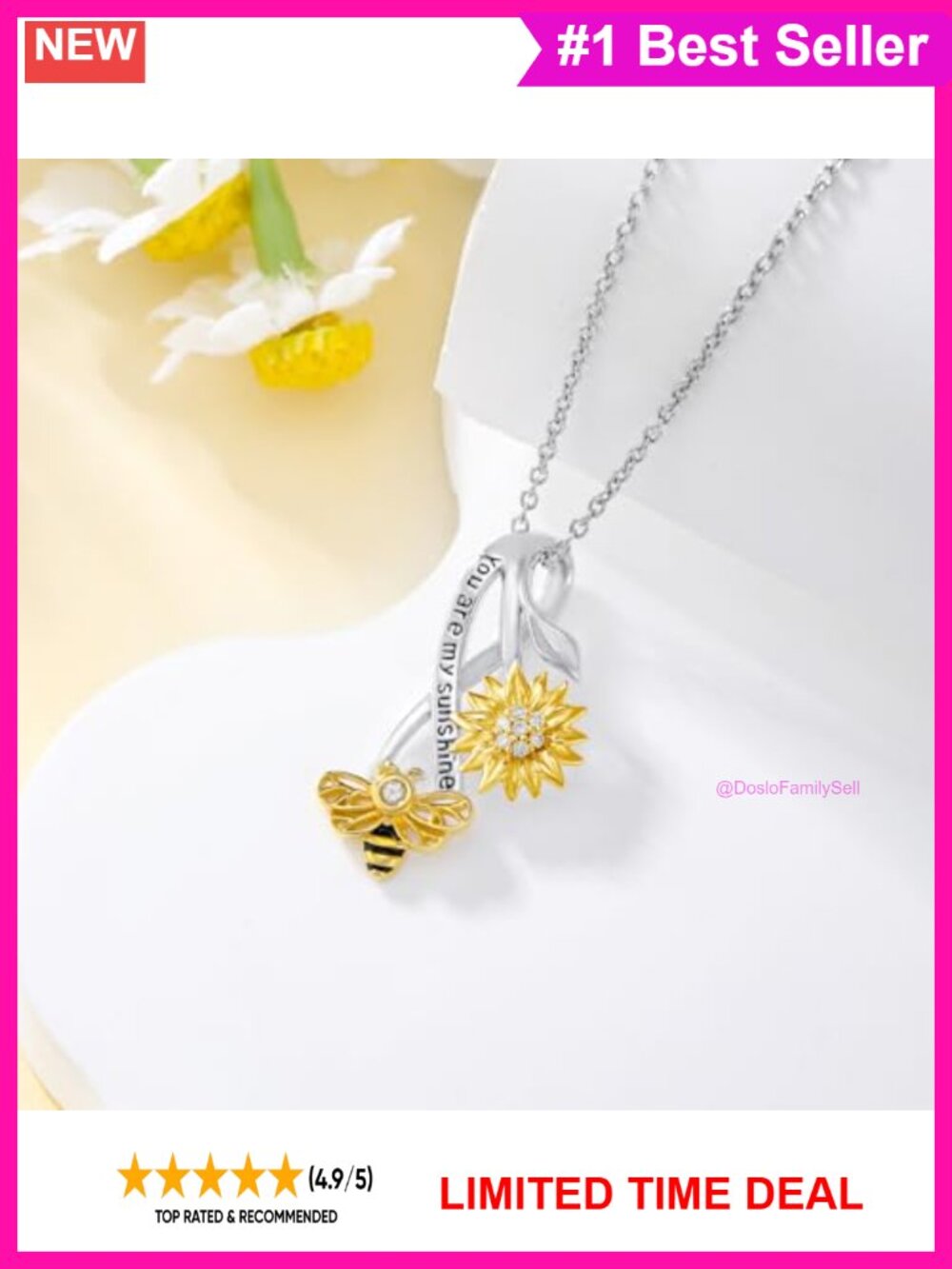 Pre-Owned 925 Sterling Silver Lab Grown Diamond Bee Sunflower Pendant Necklace - Picture 2 of 5